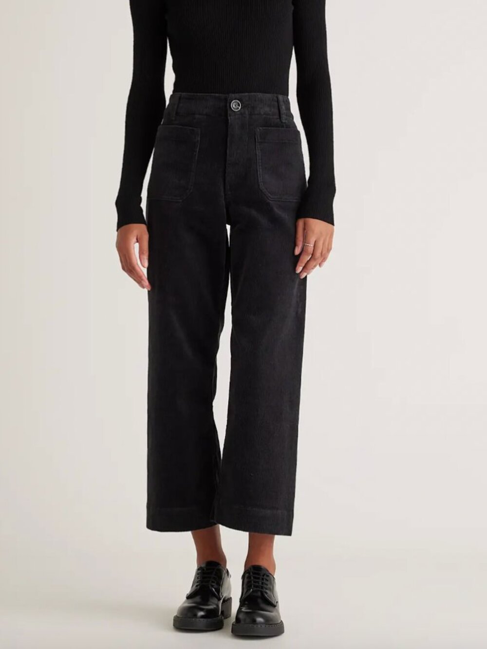 Quince Organic Stretch Corduroy Cropped Wide Leg Pants - Color: Black - Size: 12